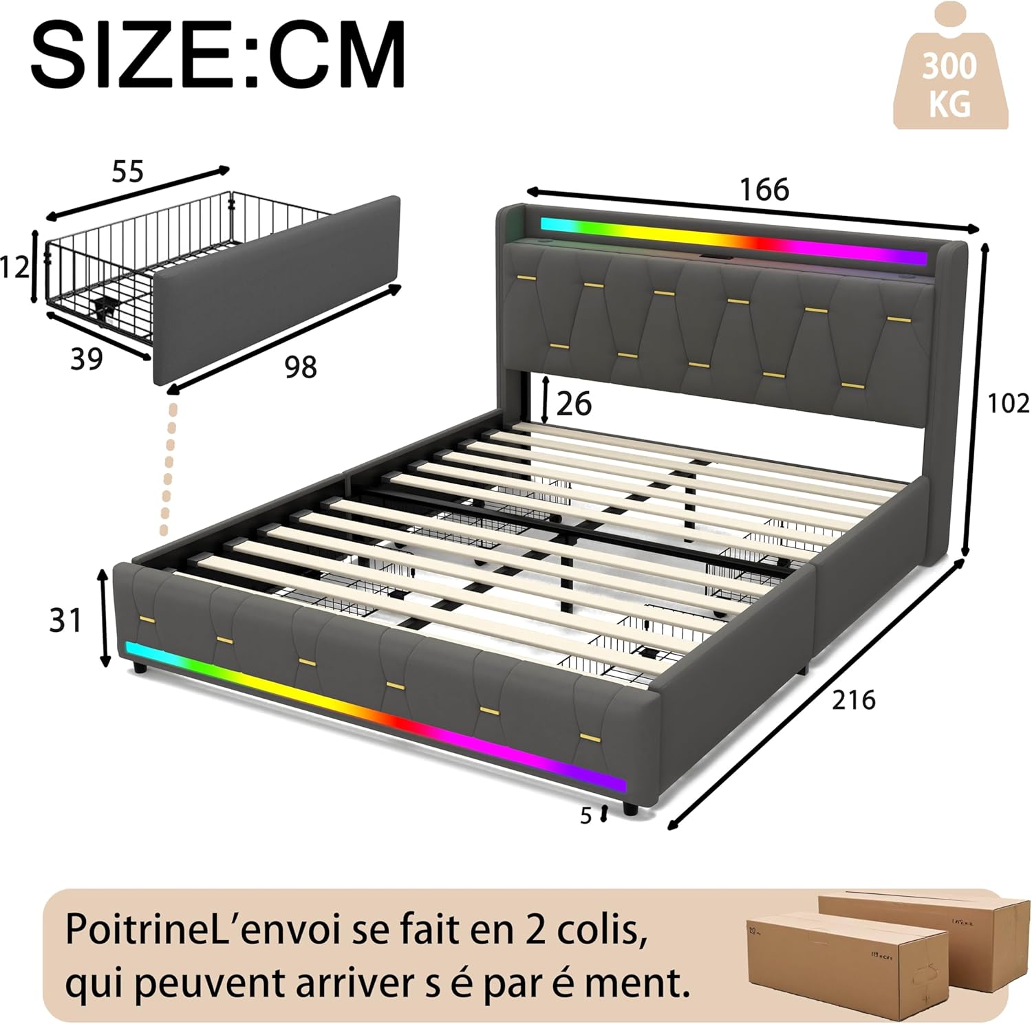 160x200cm Samt Polsterbett mit 4 Staufächern, Bluetooth-Lautsprecher, LED-Beleuchtung & USB/Type-C-Anschlüssen, Plattformbettgestell mit 4 Schubladen und Holzlatten, Grau