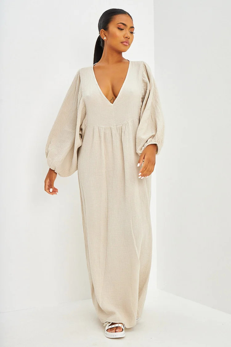 Robe longue ample en gaze de coton beige