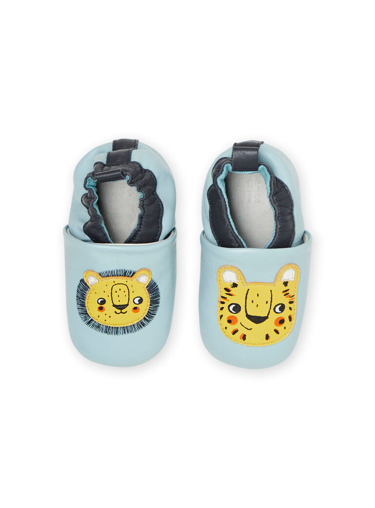 Chaussons bleu azur à motifs lion et lionne bébé garcon