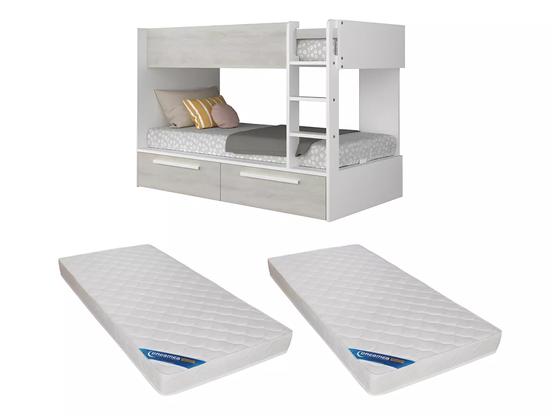 Lits superposés 2 x 90 x 200 cm - 2 tiroirs - Blanc et naturel + Matelas - TINOLI