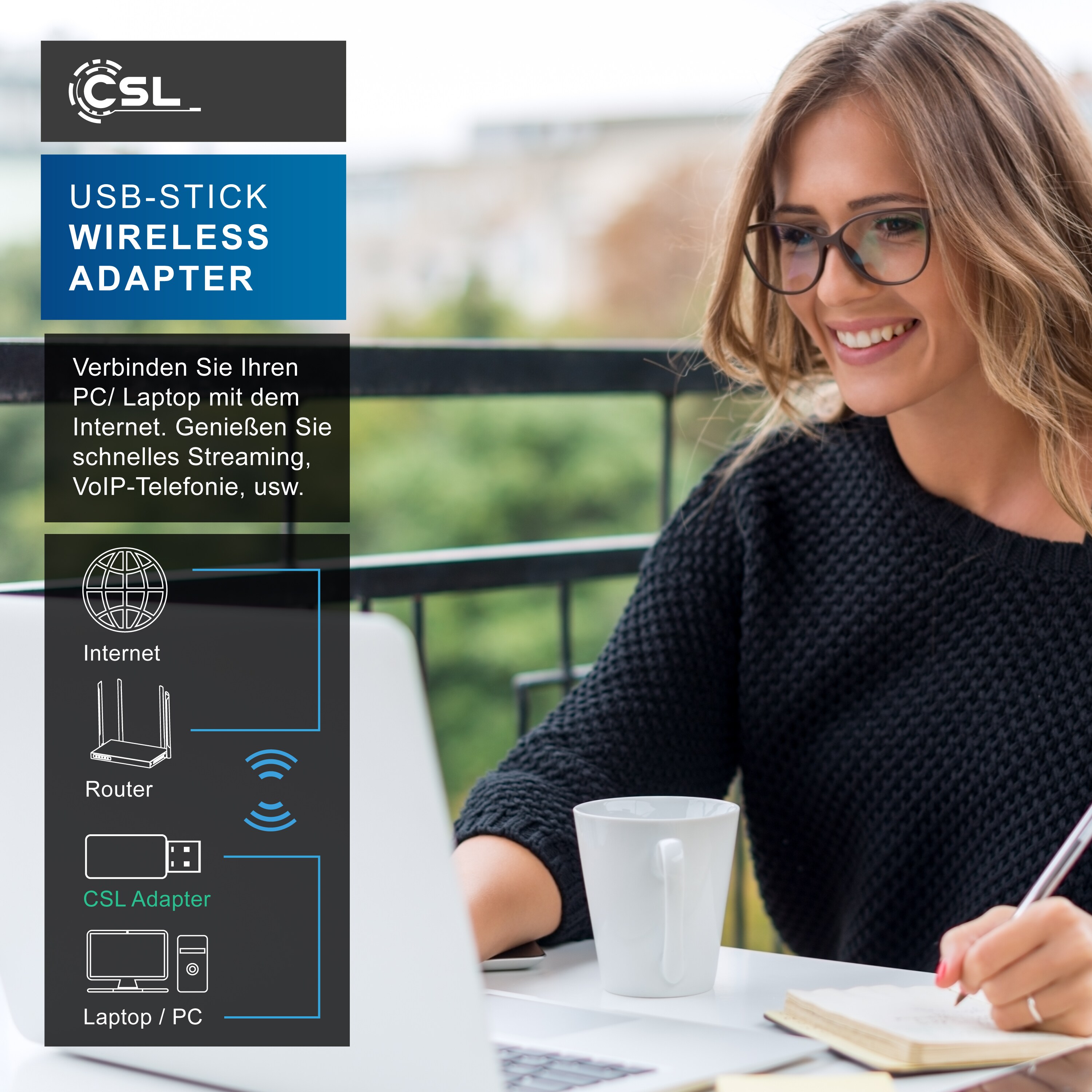 CSL WLAN 300 Mbit/s USB Stick Adapter - WiFi Adapter - Verschlüsselung WEP WPA WPA2 - 2,4 Ghz 2T2R - Verstärkung 18 dBm - für Windows 7 - 11