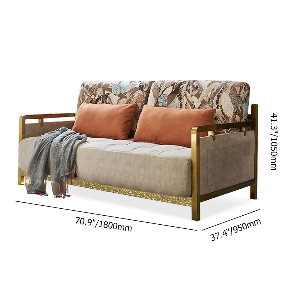 🔥Modern Queen Convertible Sleeper Sofa Gold Metal Beige Upholstered Sofa Bed Pillow