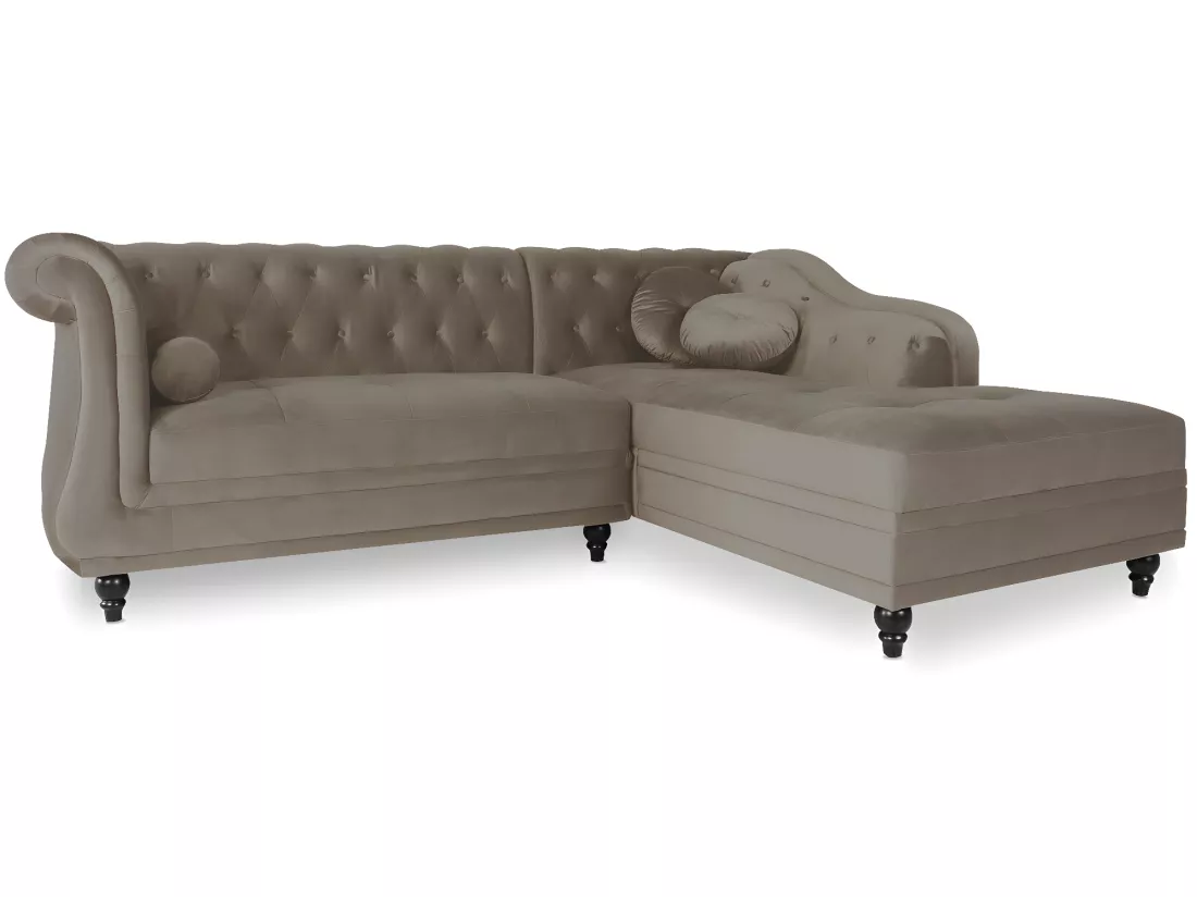 Canapé d'angle Droit Empire Velours Taupe style Chesterfield