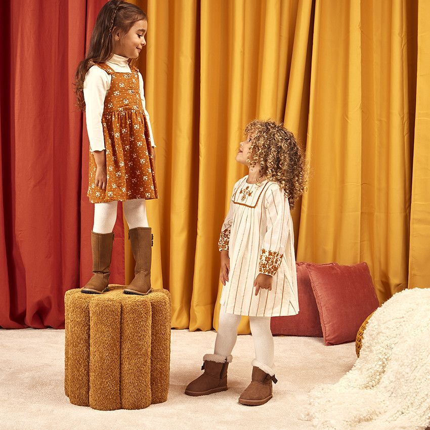 Robe manches longues à rayures brodées pour bébé fille - Ecru