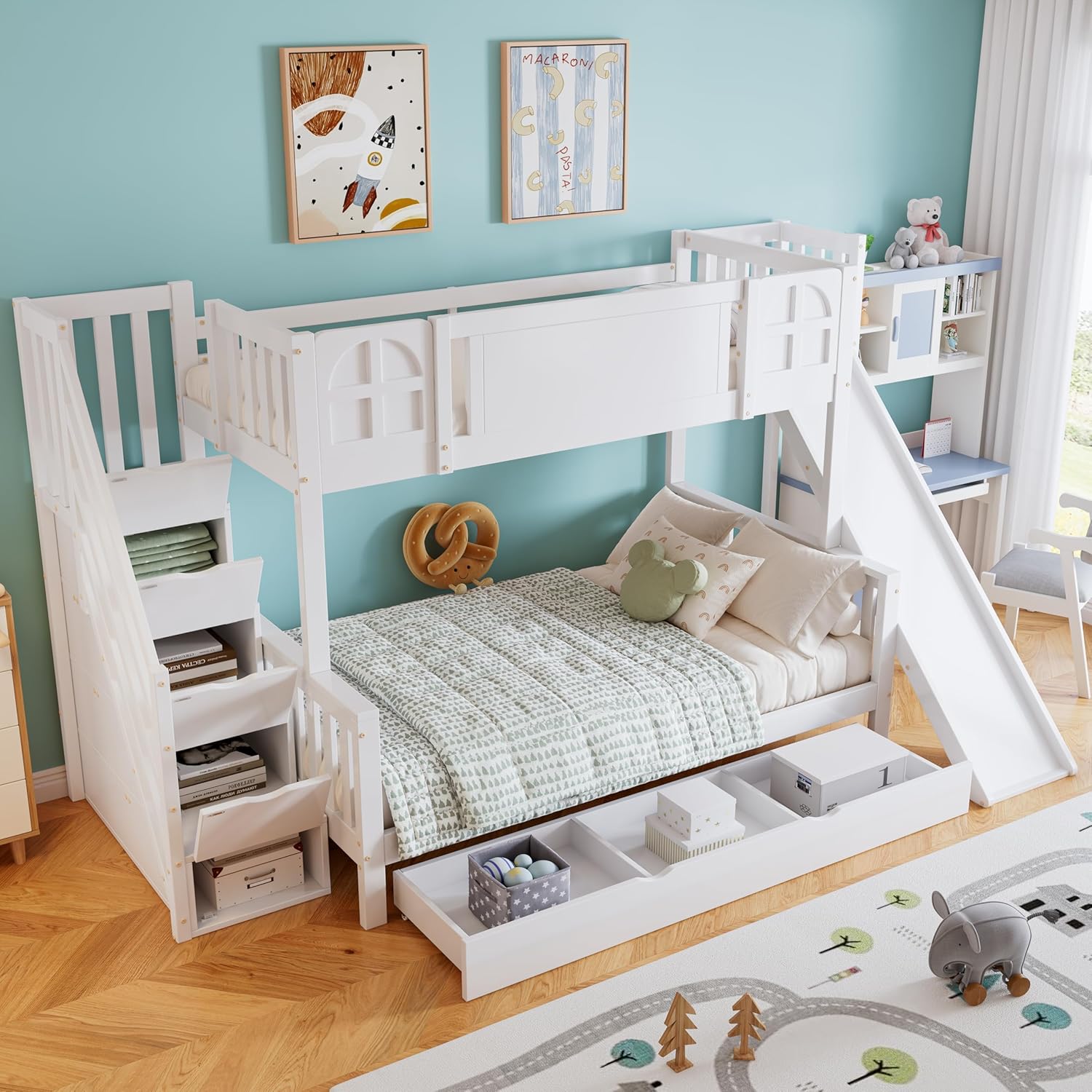 Olsghy Etagenbett Kinderbett 90x200 cm, Hochbett Bett mit Schubladen und Stauraum Treppe, Holzbett mit Rutsche und Fenster, Hausbett mit Rausfallschutz und Lattenrost, Kiefer+MDF, Weiß Ohne Matratze