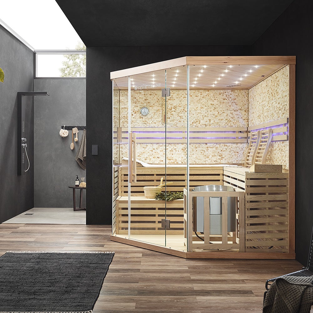 Home Deluxe - Traditionele Sauna - Skyline XL Grote Kunststeenwand - 200 x 200 x 210 cm, voor 2-6 personen, Hemlock, incl. sauna-accessoires | Stoomsauna, Infusiesauna, Finse sauna, Biosauna