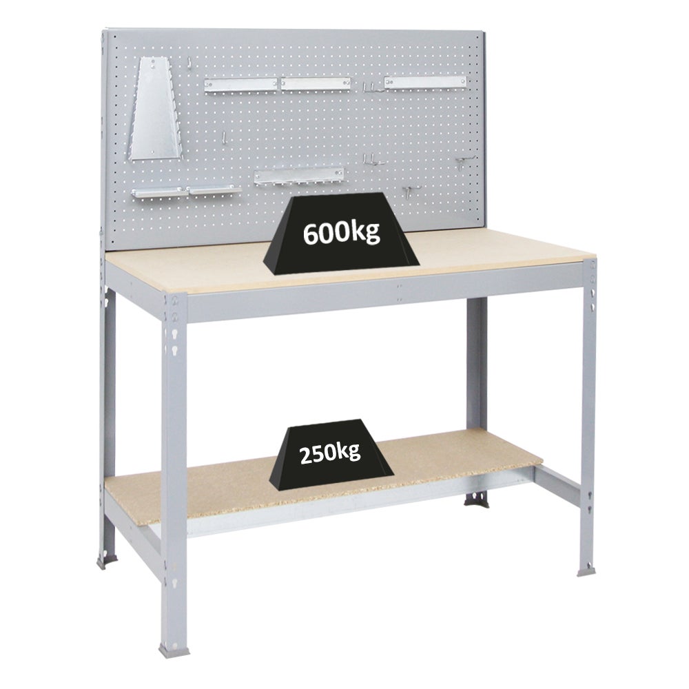 PROREGAL Quick Buffalo werkbank met gereedschapswand en accessoires, Gamma, afmetingen (H x B x D): 84 x 120 x 61 cm, draagvermogen: 600 kg, grijs
