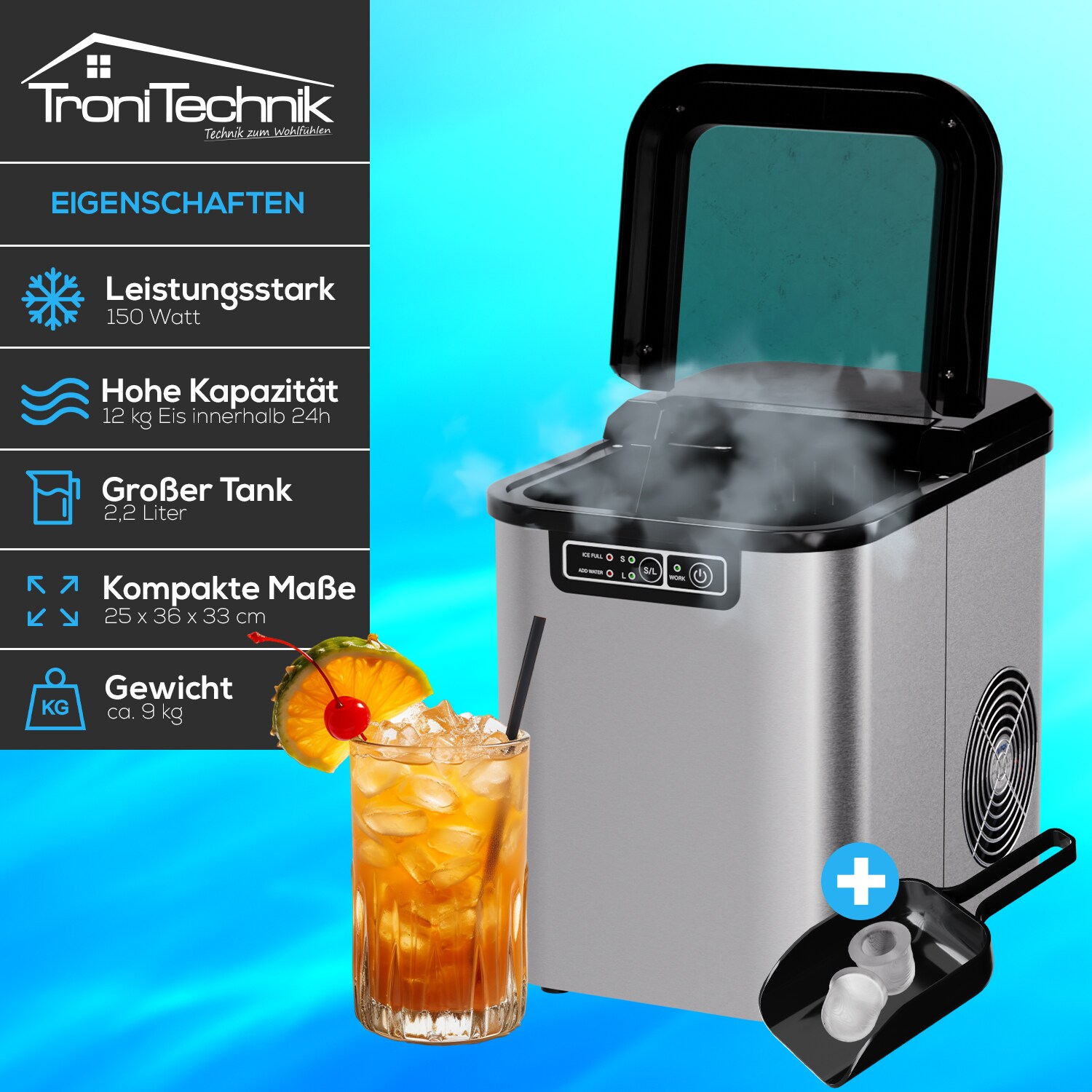 TroniTechnik® Eiswürfelmaschine Eiswürfelbereiter aus Edelstahl , Ice Maker, 12kg/24h, 2,2 Liter Wassertank, 2 Größen, Selbstreinigung