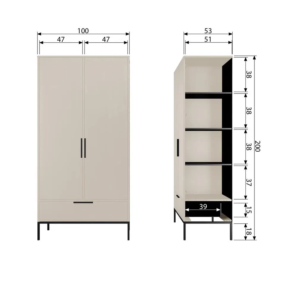 WOOOD Adam 2-deurs kast - Grenen - Dust - 200x100x53 cm