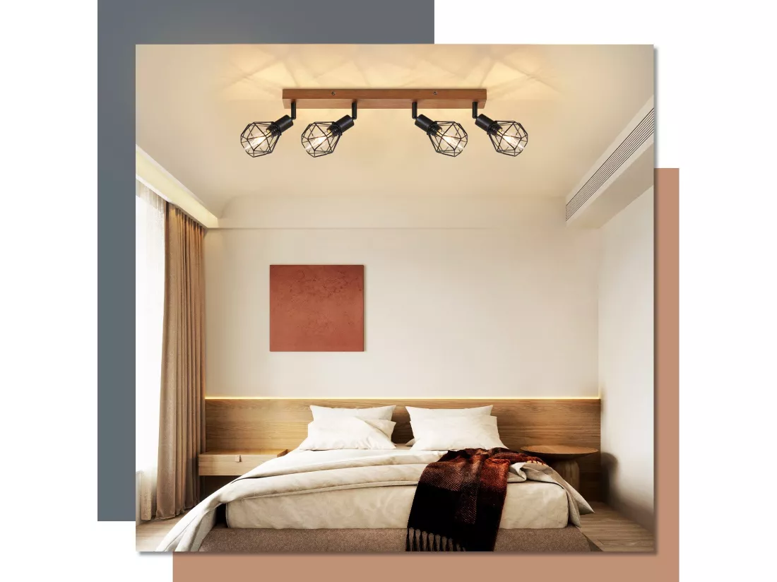 NETTLIFE 4 spots de plafond noir E14 bois vintage métal, plafonnier orientable à 350° pour intérieur chambre salon salle à manger cuisine max 25W