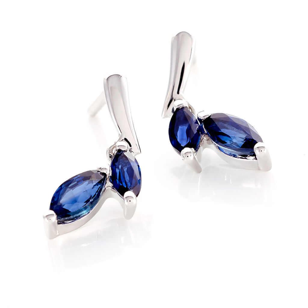 Boucles D'oreilles Pendantes Navette Or Blanc Saphir