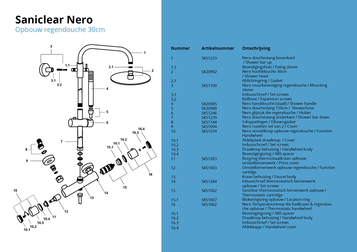 Saniclear Nero mat zwart opbouw regendouche 30cm met thermostaatkraan en staafhanddouche