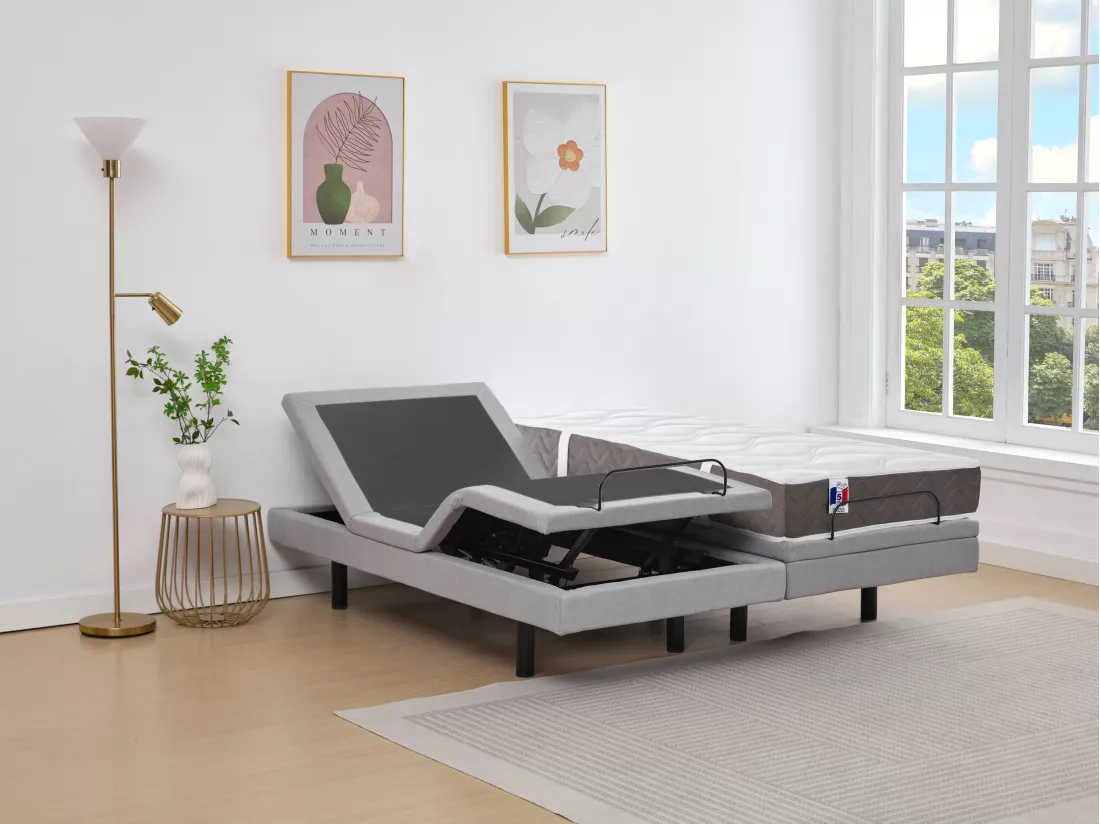 Lit électrique de relaxation déco + matelas 100% latex 3 zones - 2 x 90 x 200 cm - Tissu - Gris - PANISOLA de YSMÉE