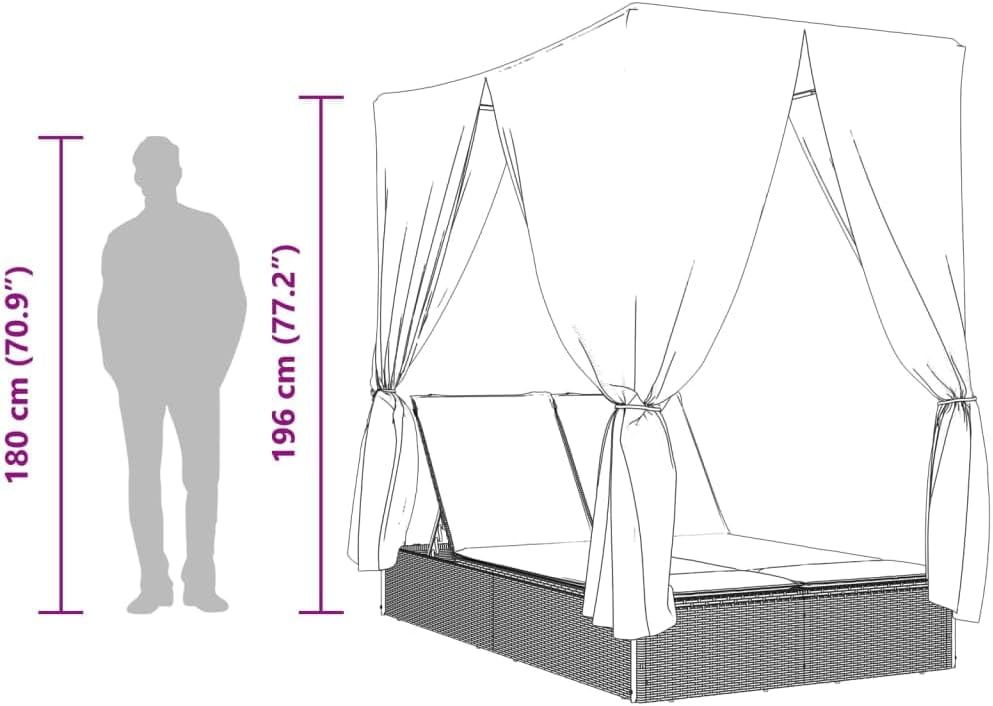 vidaXL Sonnenliege, Doppelliege mit Dach Vorhängen, Gartenliege Verstellbare Rückenlehne, Relaxliege Liege Gartenmöbel, Grau Poly Rattan