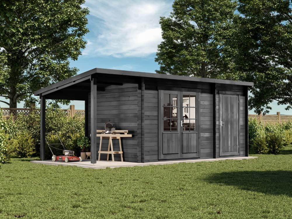 Gartenhaus Maria mit Anbau & Schleppdach aus Holz 598 x 272 cm mit 40mm Wandstärke in Imprägnierung Grau