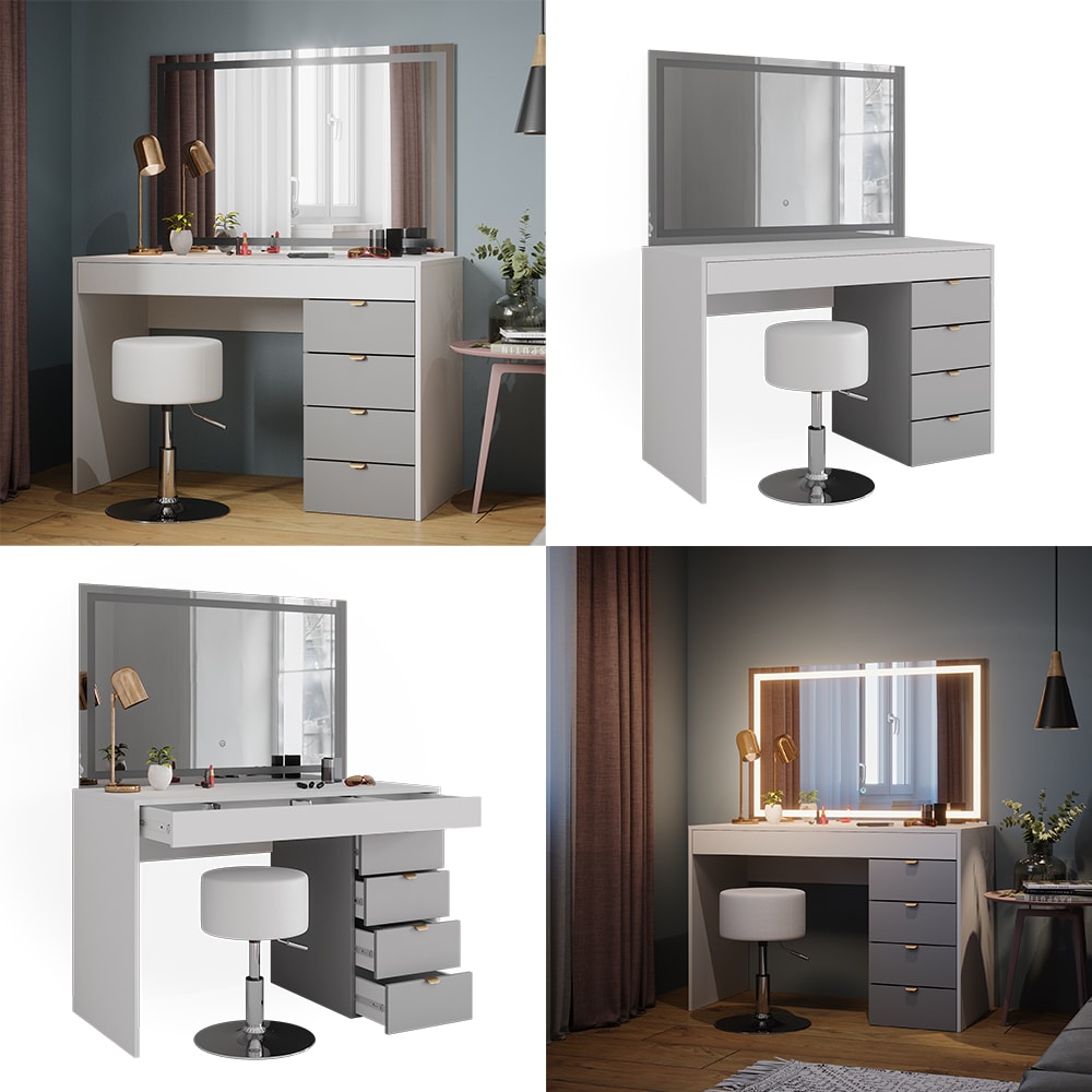 Vicco Schminktisch Elise Weiß Grau 115 x 76 cm modern Frisiertisch Schubladen LED-Spiegel Hocker