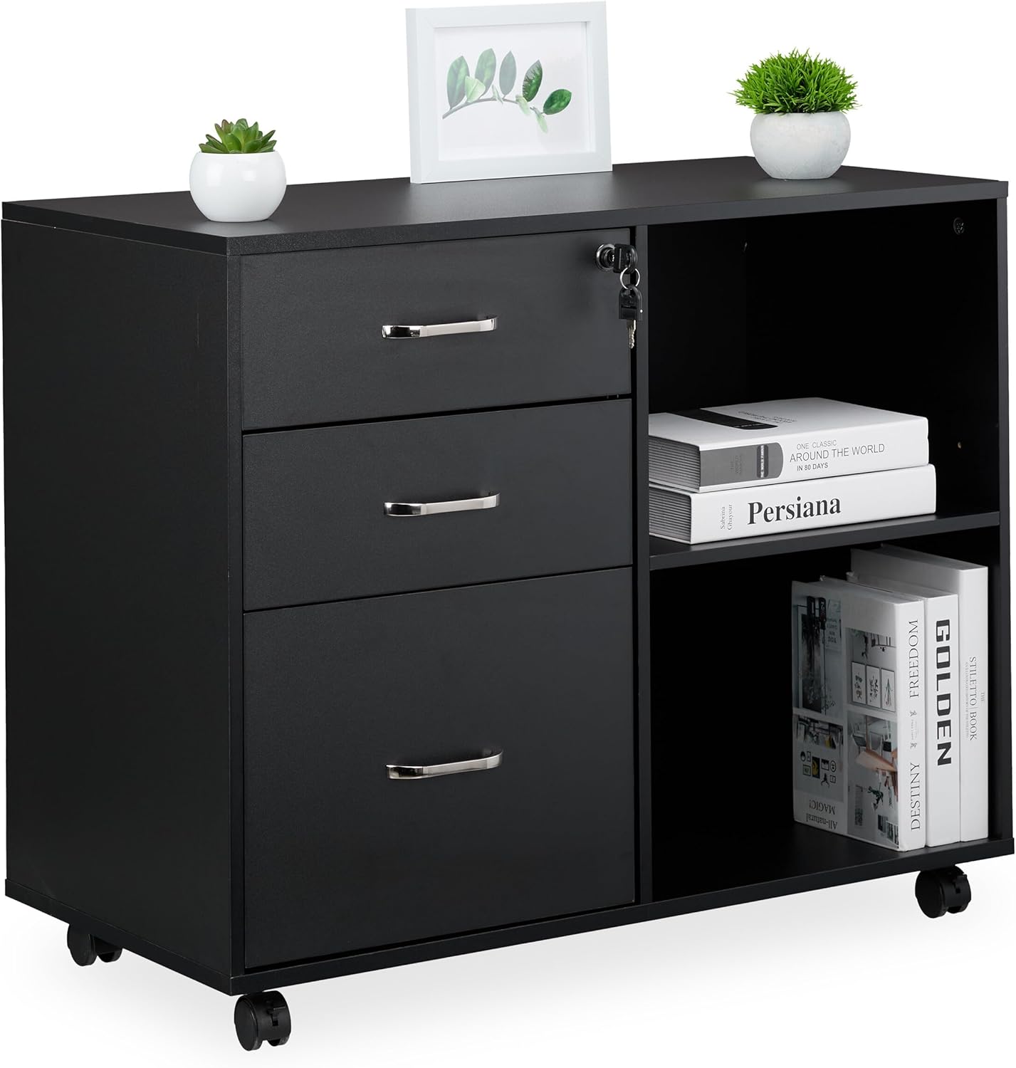 Relaxdays Rollcontainer, 3 Schubladen, 2 Fächer, Hängeregister, HxBxT: 66x80x40 cm, abschließbarer Aktenschrank, schwarz