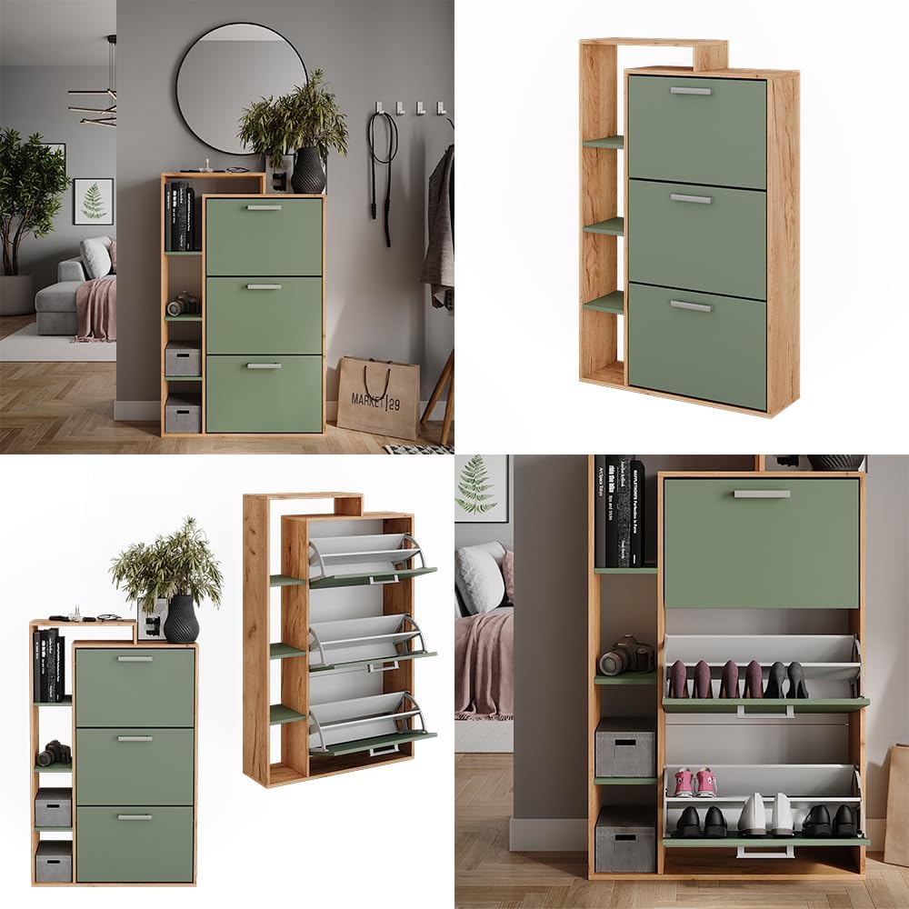 Vicco Schuhkipper Orlando, Goldkraft Eiche/Grün, 80 x 128.3 cm mit 3 Fächern