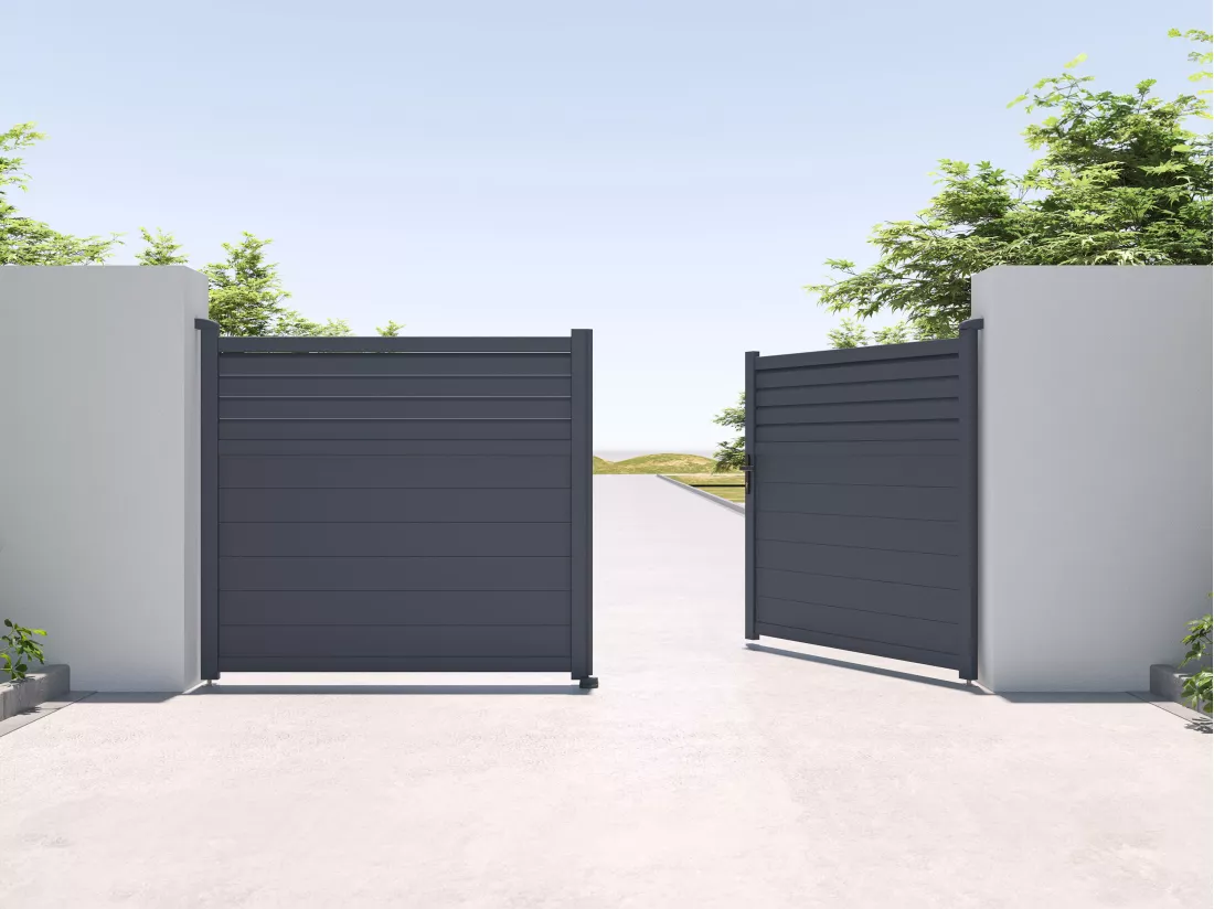 Portail électrique battant aluminium persienné L355 x H166 cm anthracite - VIAZO