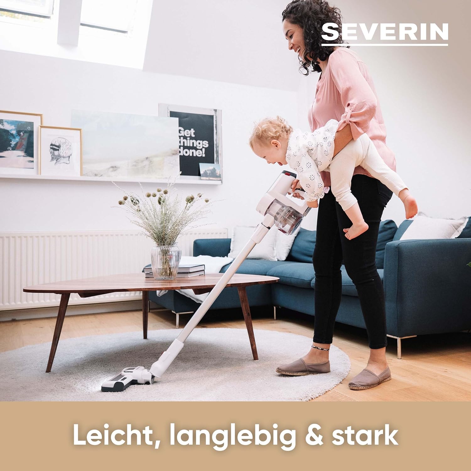 SEVERIN Akku Staubsauger kabellos 60 Min Laufzeit, 2-in-1 Staubsauger für Tierhaare, ultraleicht & beutellos für Teppich, Hartböden & Auto, mit passendem Zubehör, 400 W, weiß, HV 7166