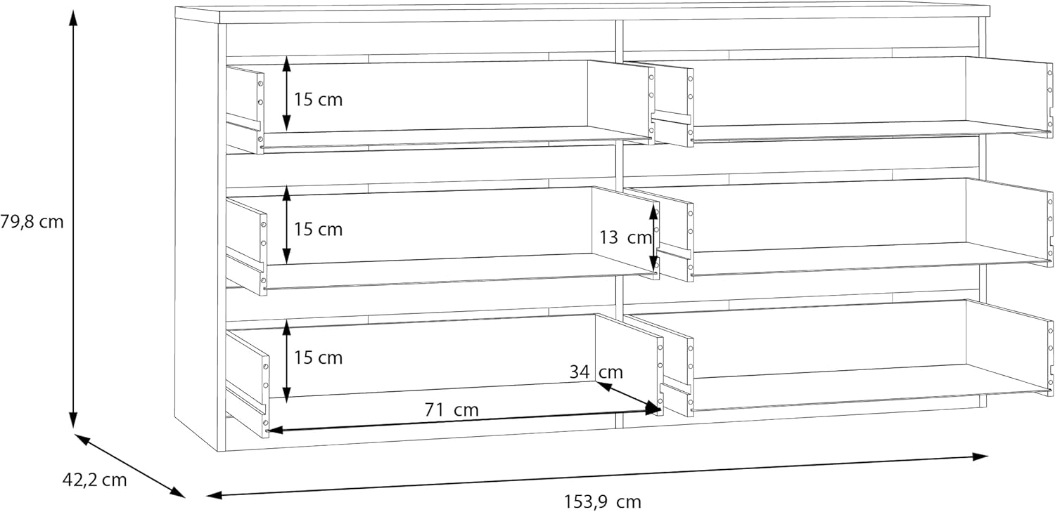 Forte EDMORE Kommode 150 160, Moderne Kommode mit 6 Schubladen, Holzwerkstoff, Salbei, 153,9 cm breit x 79,8 cm hoch x 42,2 cm tief