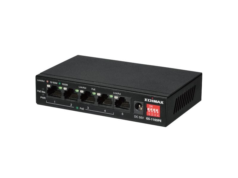 Edimax PoE  Switch GS-1105PE 5 Port 5-Port Gigabit PoE -Switch für Langstrecken mit 4 PoE -Ports und DIP-Schalter