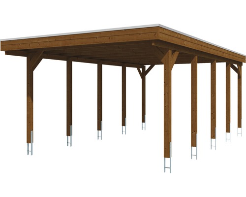 SKAN HOLZ Friesland enkele carport inclusief aluminium dakpanelen en H-paalankers, 397 x 708 cm, notenhout