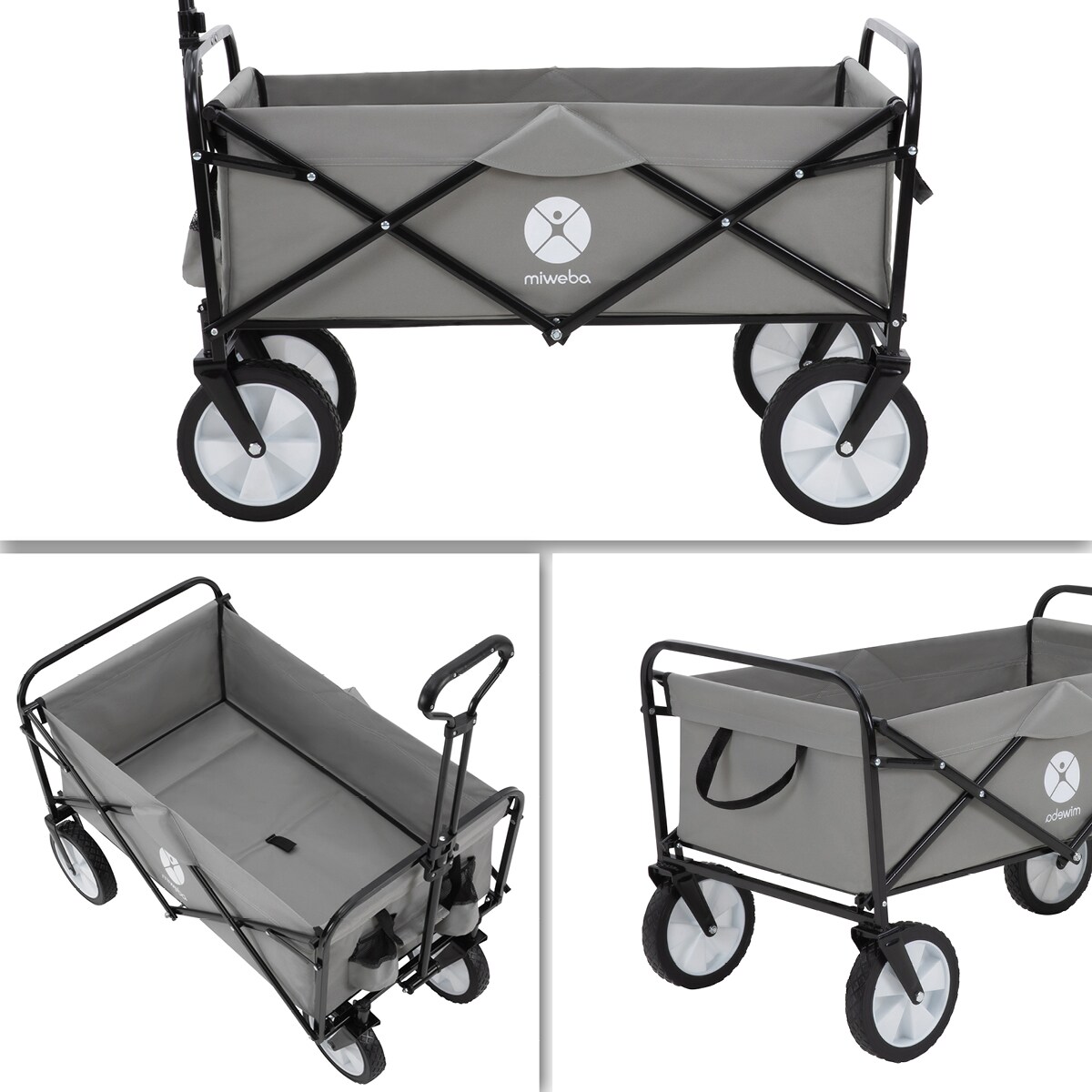 Miweba Bollerwagen MB-35, faltbar, bis 120 kg, Teleskop-Lenkstange, 360°-Räder, Tasche, Stahlrahmen (Grau)