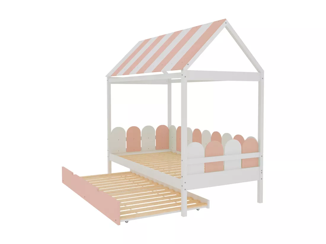 Lit gigogne cabane 2 x 90 x 190 cm avec toit et barrières - bois massif - rose + blanc