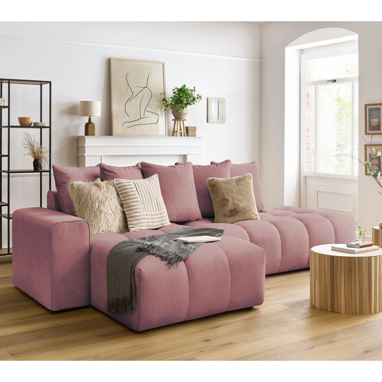 Bobochic Canapé d'angle fixe mont-blanc velours angle gauche rose - 313x176x97 cm