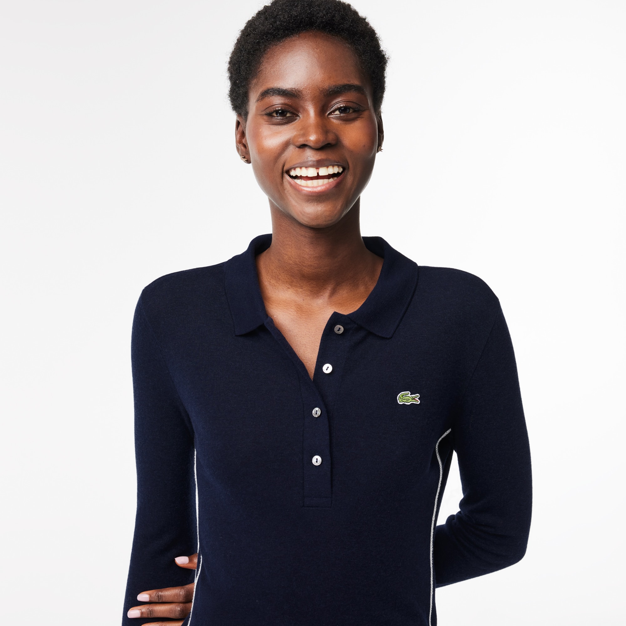 Polo manches longues fabriqué en France en lyocell et laine Manches Longues - Bleu - Lacoste - Femme