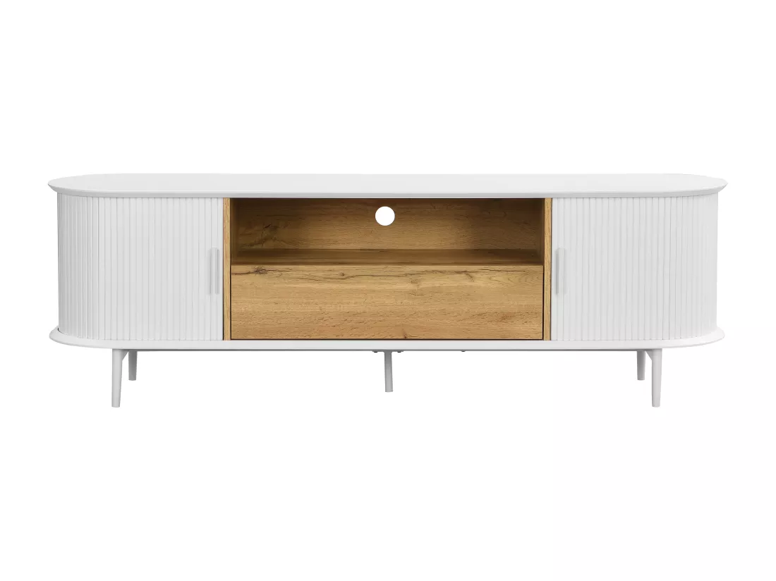 Meuble TV avec 2 portes coulissantes, 1 tiroir et 1 niche en MDF - Blanc et naturel - VELURANI
