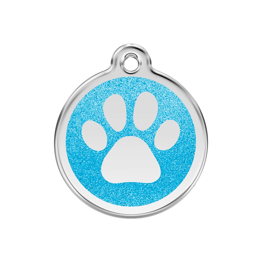 Etiqueta de identificação para cães com estampa de pata e glitter azul-turquesa.