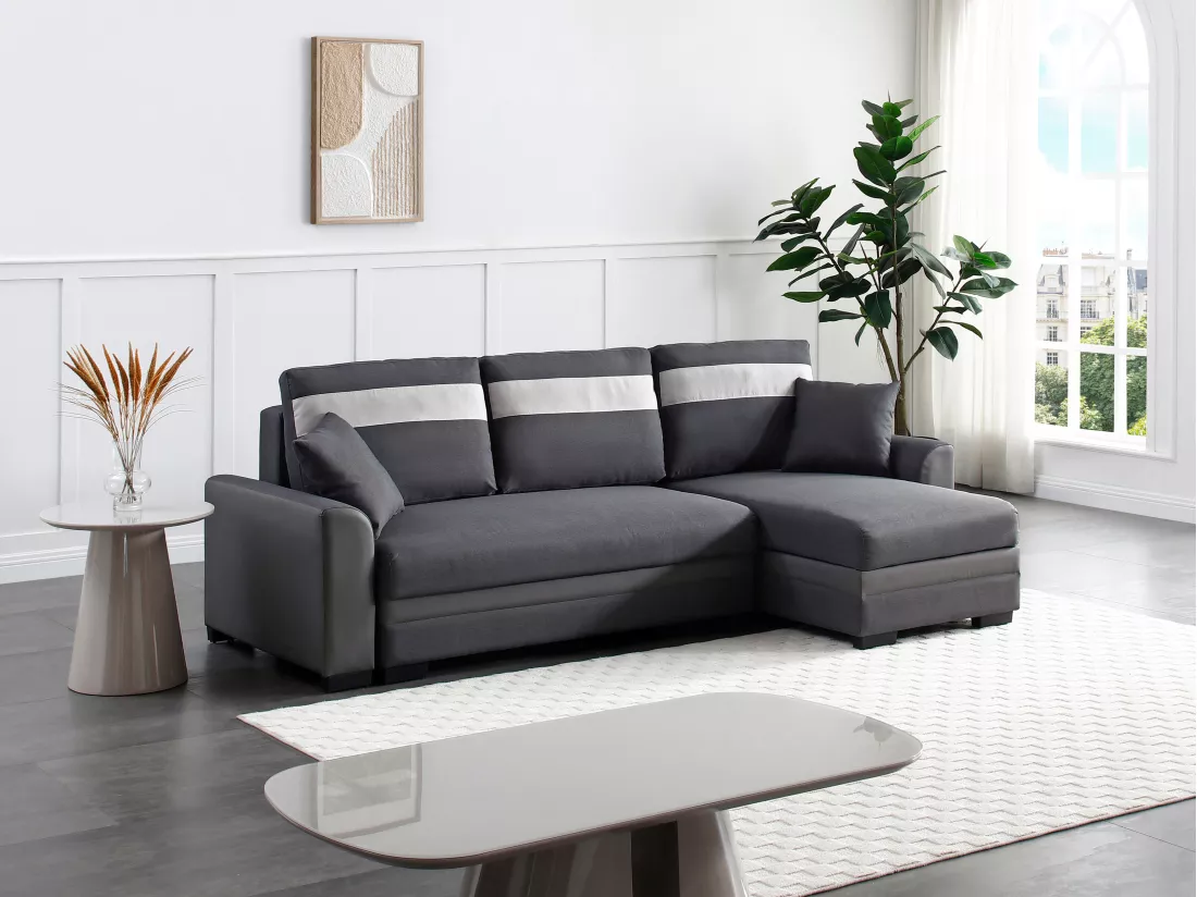 Canapé d'angle réversible et convertible en tissu et simili anthracite GIANY II
