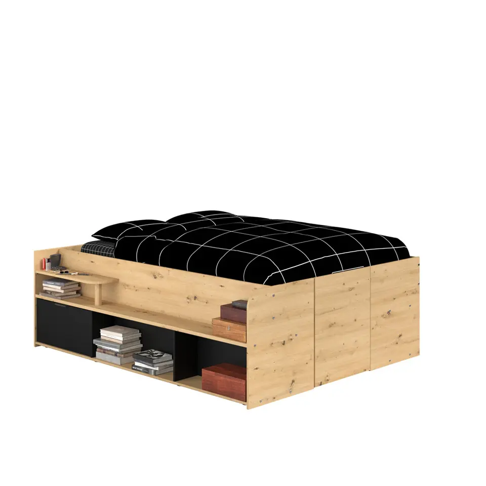 Bed Bremen met opslag - eiken/zwart - 140x200 cm