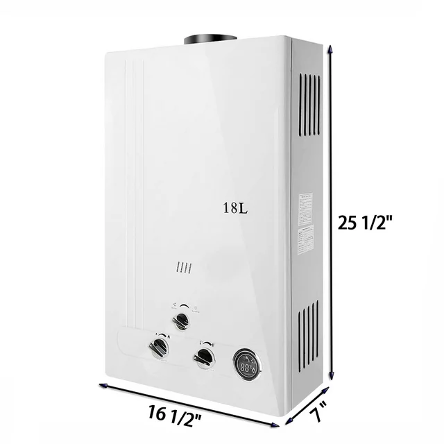 Aquecedor de água instantâneo a gás propano líquido TCMT de 18 litros, com vazão de 4,8 GPM e visor digital.