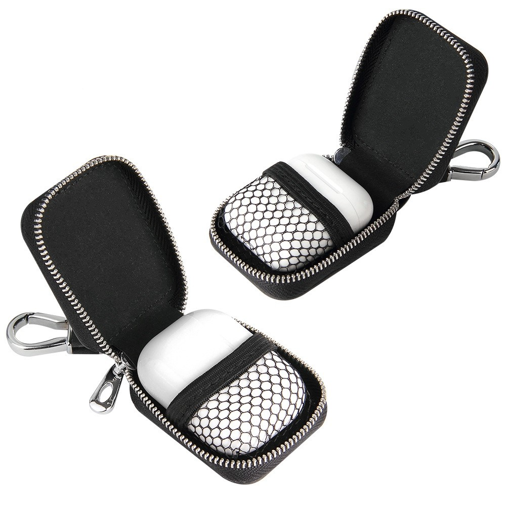AirPods Leder Tasche Schutzhülle mit Reissverschluss   Karabiner - Braun