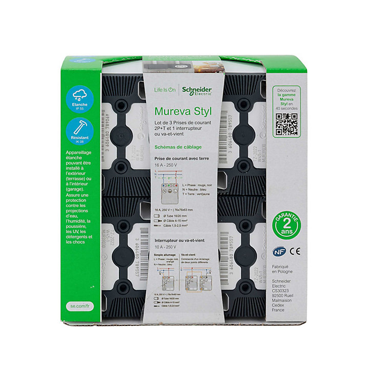 3 prises avec terre + 1 interrupteur va-et-vient Schneider Electric Mureva Styl blanc, lot