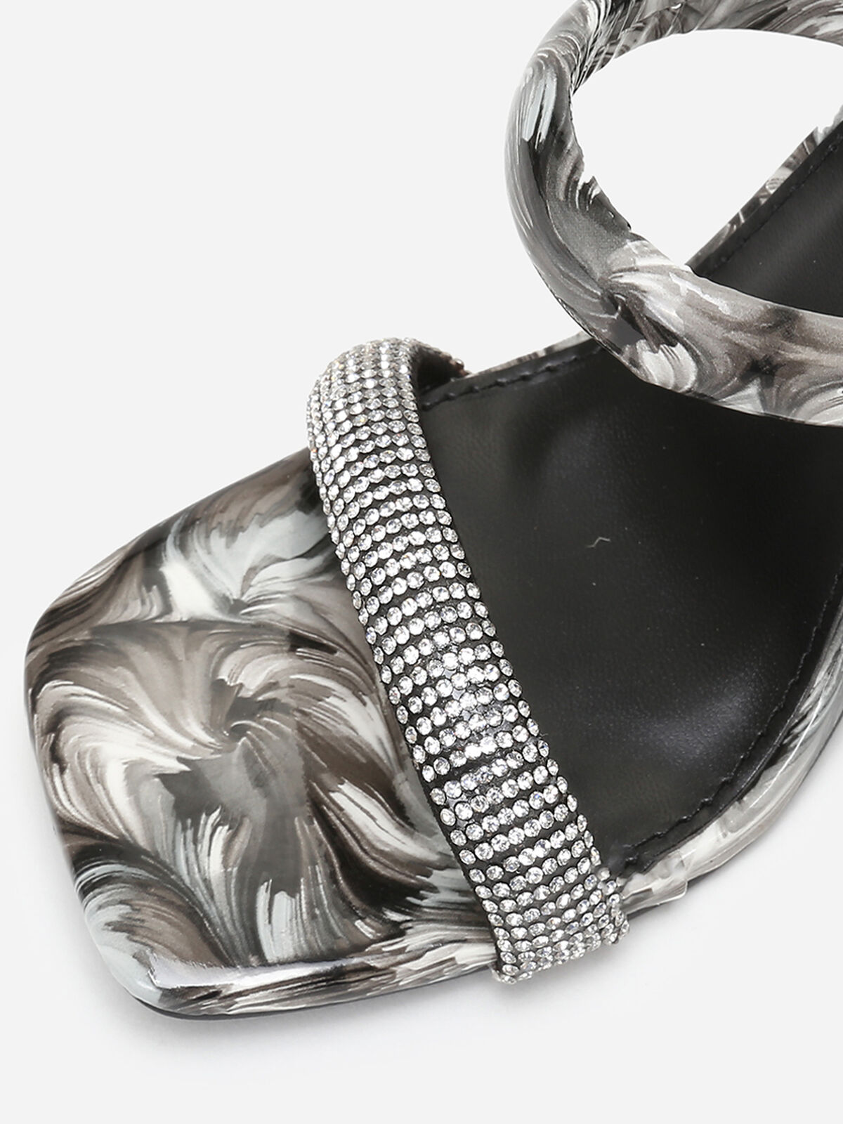 Mules marbrées à strass et talon transparent- Noir