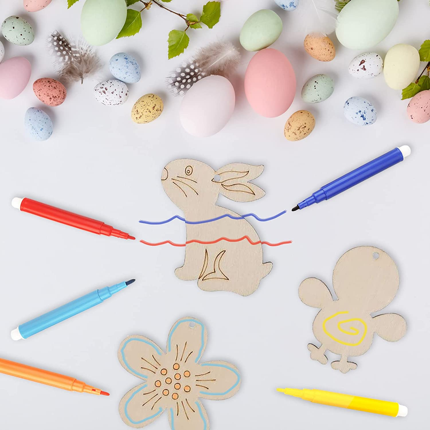 (20er Set) DIY Oster Geschenk Anhänger Bastel Home Deko Hase / Blume / Osterei Holzscheiben   Packschnur - Braun