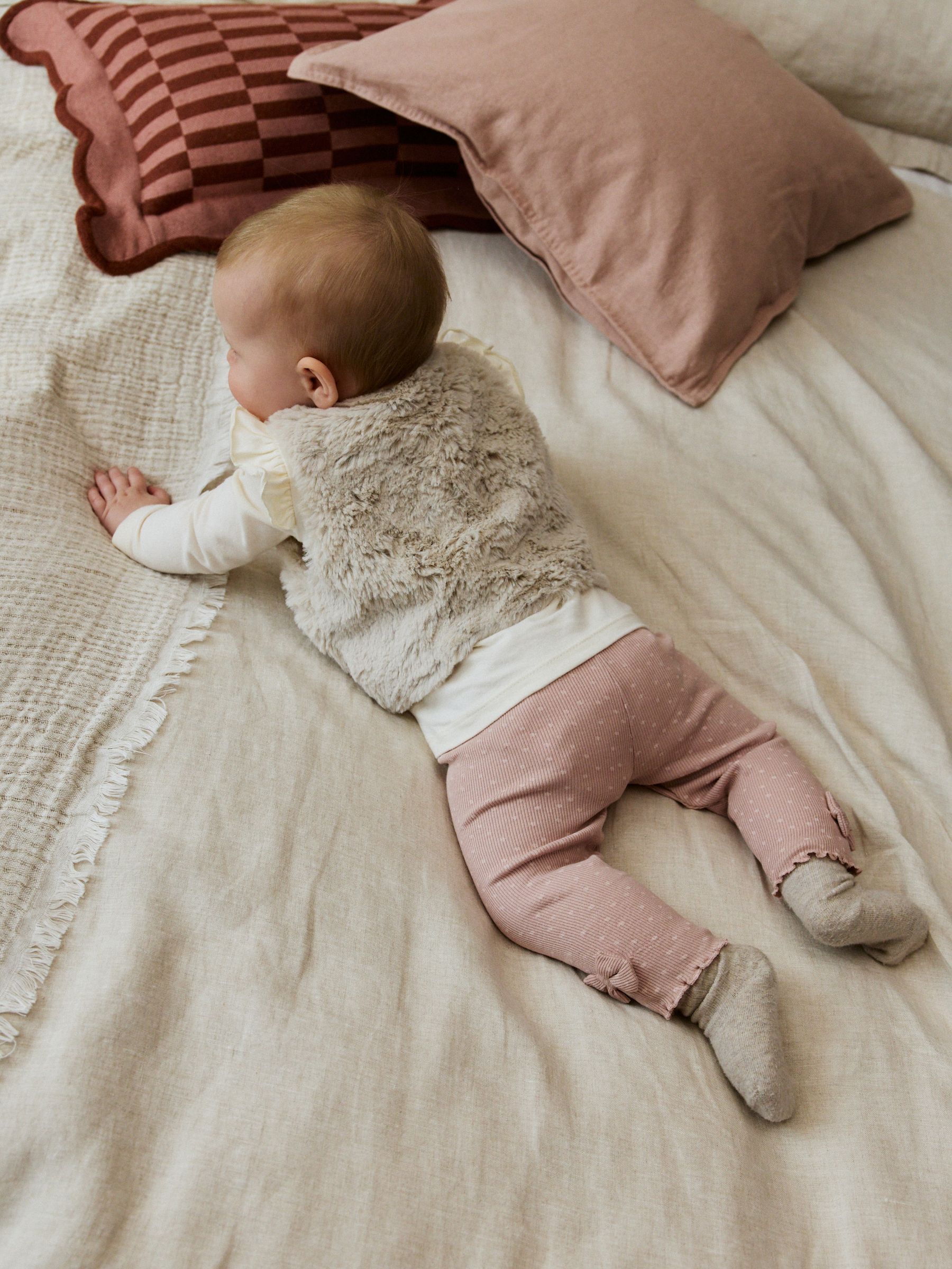 Roze/crème - 3 -delige babyset met bontgilet, top en leggings (0mnd -2jr)