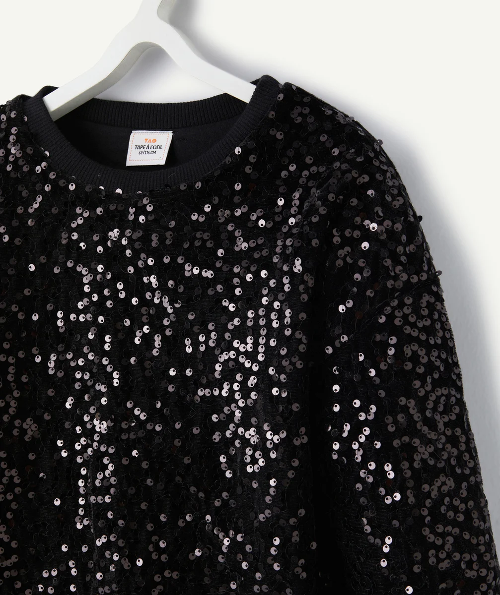 SWEAT FILLE EN VELOURS NOIR ET À SEQUINS