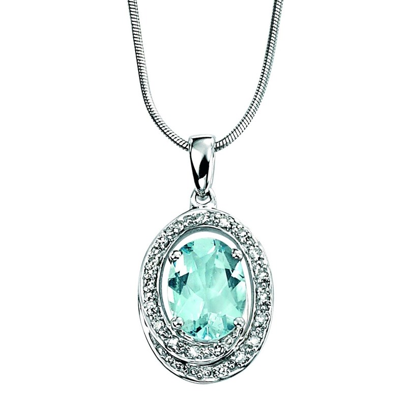 Collier aigue marine - diamant -  Chaine en Or 375 de 41cm - Pendentif en Or blanc 375/1000 carats