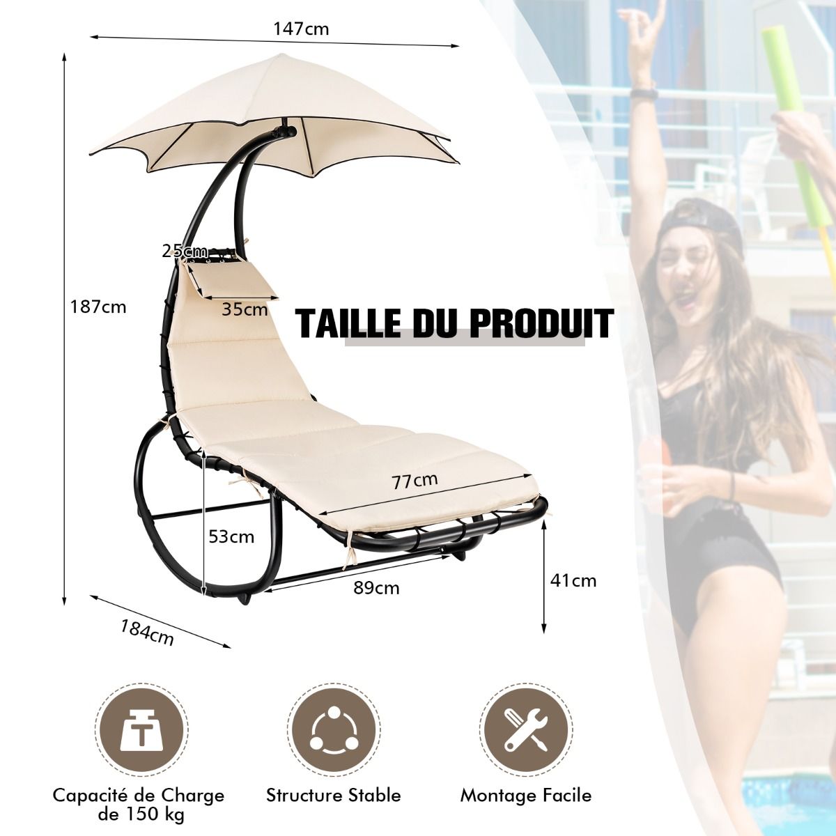 Bain de Soleil à Bascule Transat Suspendu avec Pare-Soleil&Coussin Hamac Charge 150KG 189 x 186 x 90cm Beige - Lidl-Manfred