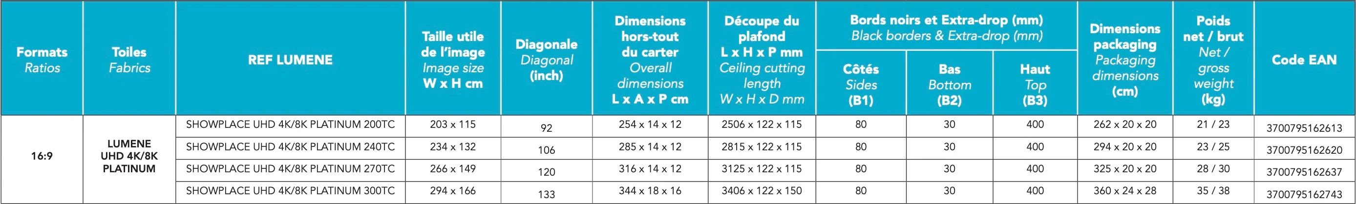 Lumene Show Place UHD 4K/8K Platinum 240C (16:9) Écrans de projection électriques