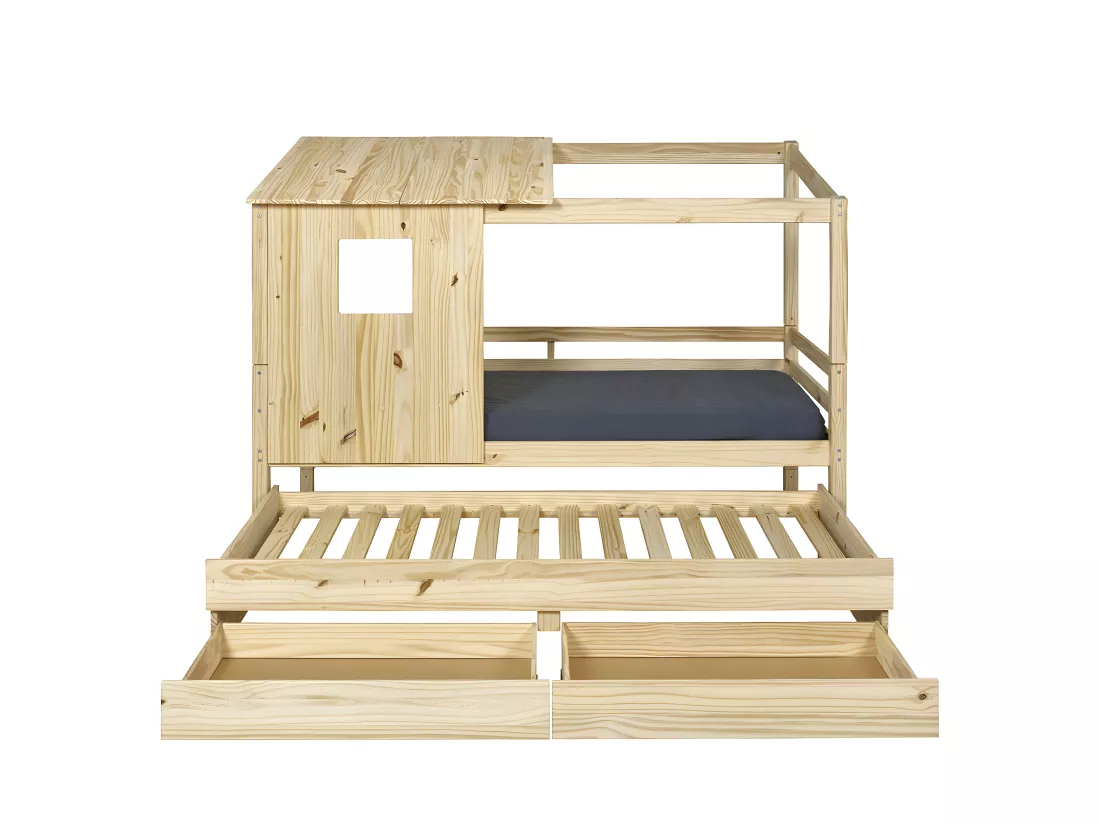 Pack lit cabane gigogne avec 2 matelas 90x200 cm bois massif bois naturel ALMA
