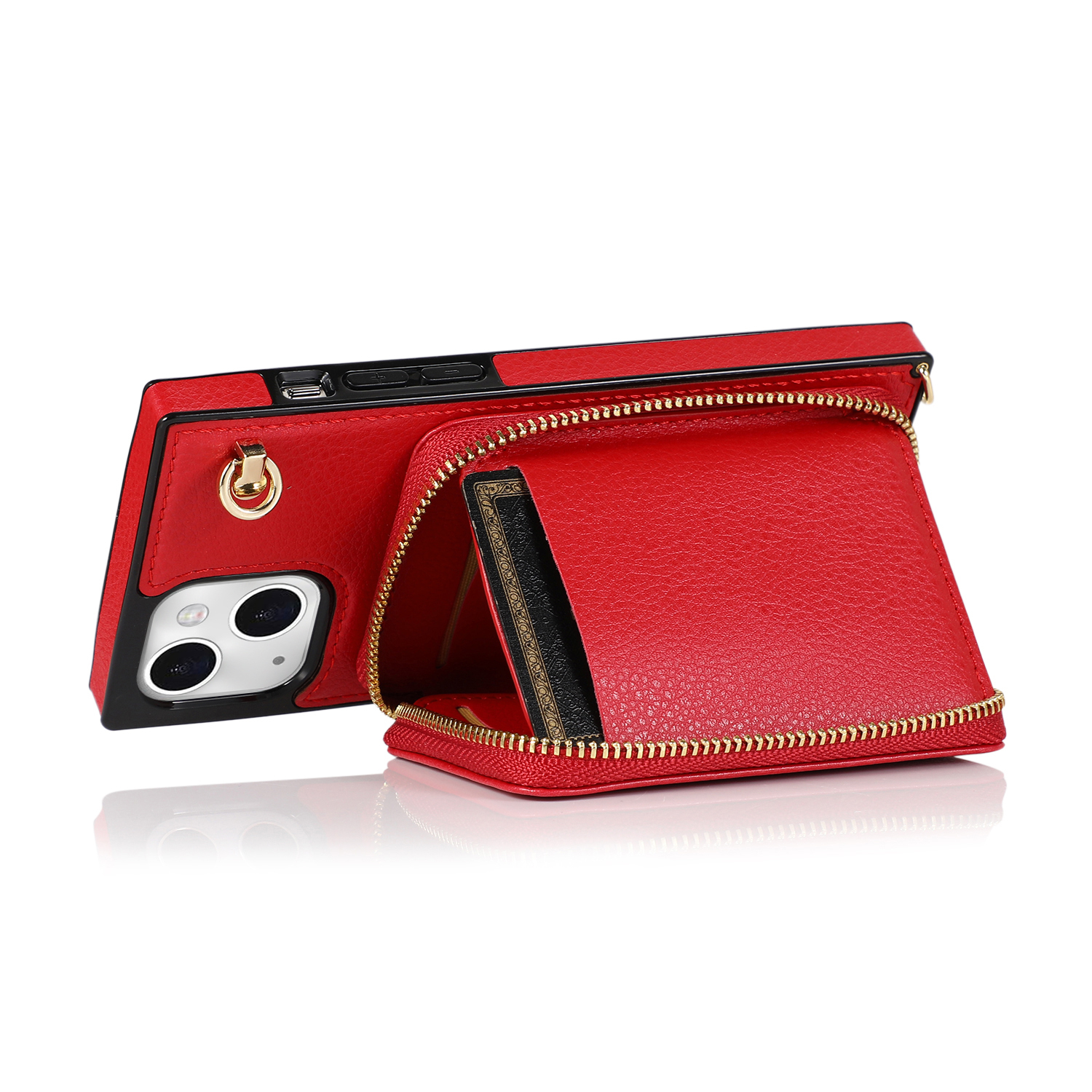 iPhone 13 Pro Necklace Leder Schutz Hülle mit Kartenfächer   Handykette (140cm) - Rot