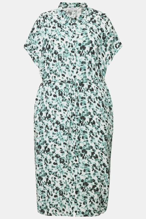 Hemdblusen-Midikleid, oversized, Allover-Print, Hemdkragen, Taillen-Bindegürtel