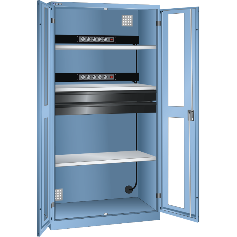 LISTA - Armoire charge batterie H 195 x L 100 x P 58 cm - 2 rampes électrique avec 5 prises (230V) - 2 tiroirs laqués gris anthracite