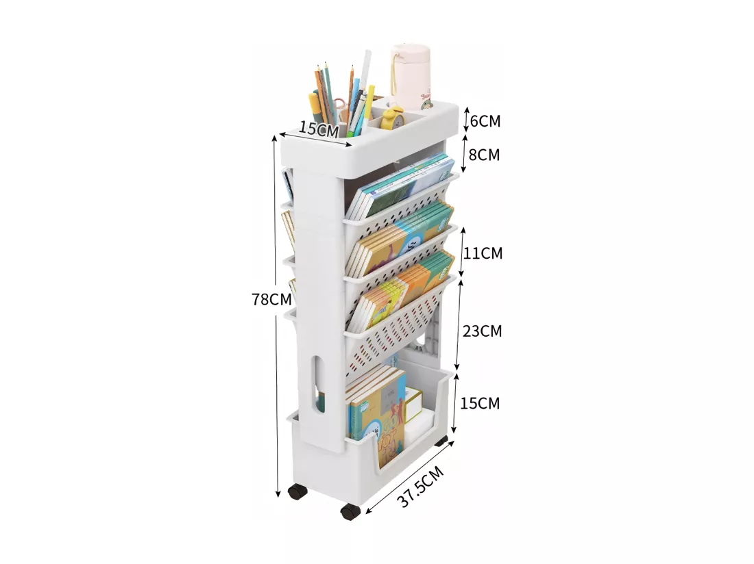 Bibliothèque Mobile à 5 niveaux, avec 4 roulettes, étagères de livre, 37.5x15x78cm, Blanc